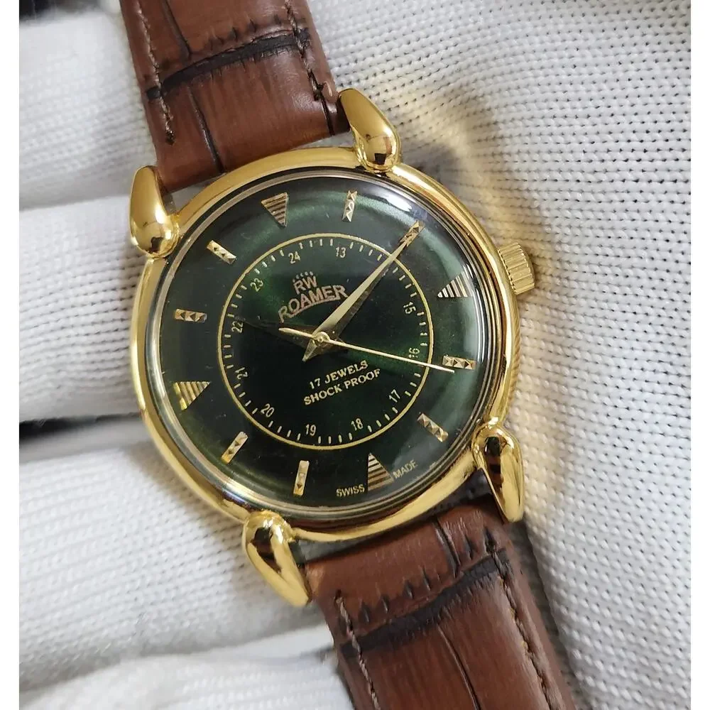Vintage 1981 Roamer Manual Mens Gold Watch W/Leather Strap & Green accents